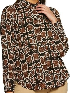Womens Brown Animal Print Button-Up Top